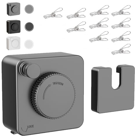JXKNKSR-Telescopic Clothesline Indoor and Outdoor, Heavy-Duty Laundry Line, Wall Mounted, Safety Lock System (Gray+10Clothes Pins)