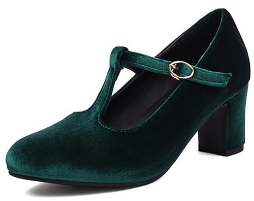 Eestfy Women's Mary Jane Court Shoes Chunky Block Heel Round Toe Suede Buckle T-Strap Pumps for Cocktail Party & Daily Office Wear Wide Size,Green,8 UK