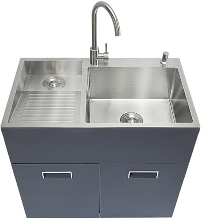 Fregadero De Cocina De Acero Inoxidable Con Gabinete, Grifo De Agua Fría Y Caliente, Fregadero Comercial Multifuncional, Fregadero De Servicio Independiente Para Restaura-Light Blue 1-80*48cm/31.5*18
