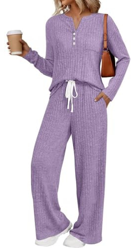 shownicer Curvy Completo Donna Casual Completo Pantalone 2 Pezzi Set Tops a Maniche Lunghe e Pantaloni Completi Due Pezzi Tuta Outfit Suit A Viola M