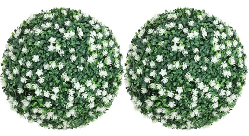 HOMCOM Set of 2 Artificial Topiary Balls with Camellia Flowers, 40cm Faux Boxwood Balls, Hanging Decoration for Home, Indoor, Outdoor, White