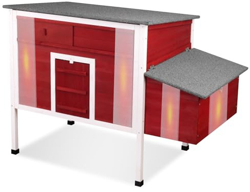 Insulated Chicken Coop Weatherproof Wooden Chicken House with Asphalt Roof, Elevated Design, 2-in-1 Ramp Door & Pet Hutch
