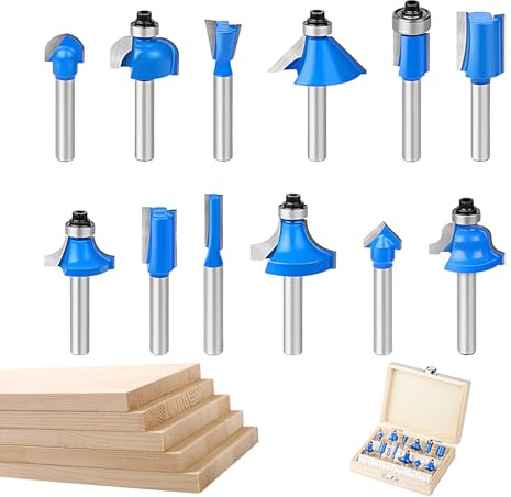 Kustimantu - Juego de fresas de desmoladora para madera, 12 fresas de madera con de almacenamiento - Desmoladora para madera de 6 mm | para carpintería, fabricación de muebles, acabado de puertas