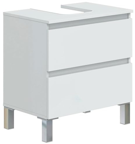 Arreditaly Mobile Bagno Sotto Lavabo Da Appoggio 2 Cassetti Salvaspazio Con Guide Metalliche E Gambe In Alluminio Design Moderno Minimal Ripostiglio Lavanderia 63.5 x 60 x 40 Cm Bianco Lucido