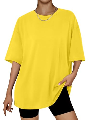 LILLUSORY Oversized T Shirts for Women UK Short Sleeve Tshirts Summer Ladies Maternity Tops Capsule Wardrobe Fashion Tunic Basic Gym Crew Neck Yoga Clothing Loose Fit Going Out Clothes Yellow XL