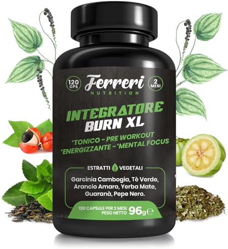 Integratore Burn XL. 120 caps. Termogenico, Tonico, Equilibrio del Peso, Pre Workout, Mental Focus. Estratti Vegetali, Garcinia Cambogia, Tè Verde, Arancio Amaro, Yerba Mate, Guaranà, Pepe Nero.