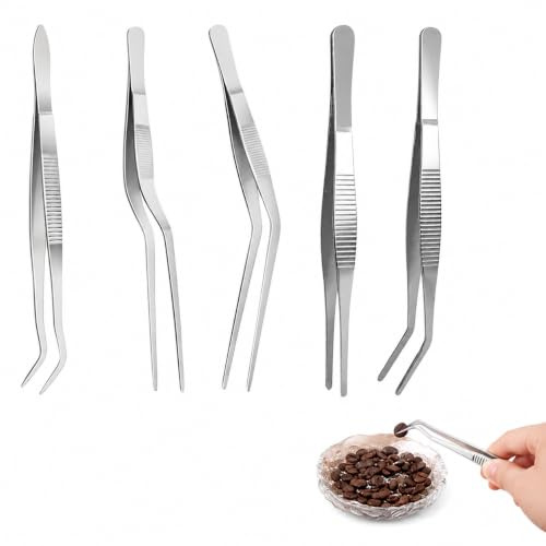 DONFORTLY Pince da Cucina Set 5 Pezzi in Acciaio Inox 16 cm, Pinzette Professionali per Cucina, BBQ, Decorazione Piatti, Pasticceria e Precisione Alimentare