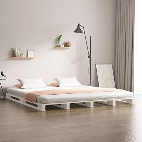 Zeehear White Solid Pinewood Pallet Bed Frame 140x200 cm Sturdy Wooden Platform Base with Slats for Bedroom Adult Guest Kid Child Mattress Support