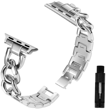 VanHooc metallarmband för Apple Watch 49/46/45/44/42 mm, silver | Cowboy kedja klockarmband snyggt andas hållbart för iWatch Series 11/10/9/8/7/6/5/4/3/2/1/Ultra SE 3/2/1