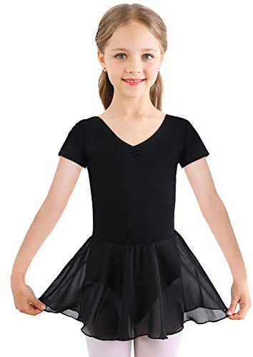 Kinder Ballettkleidung Mädchen Ballettkleid Kurzarm Balletttrikot Ballettanzug Tanzkleid Tanzbody aus Baumwolle mit Chiffon Rock Tütü 140