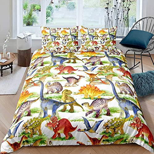 Dinosaur Bed Linen Cartoon Animals Bedding Set for Boys Girls Kids Children's Watercolor Dinosaur on White Decor Reversible Comforter Cover 3 Piece include 1 Duvet Cover 2 Pillowcases Double