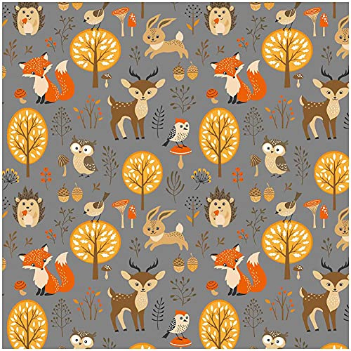 VmG-Store Bomullstyg, metervara, sömnad, sömnadsmaterial, barntyg, 155 cm bred (djur i skogen, grå, BC017, 200 x 150 cm)
