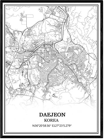 Daejeon Korea karta väggkonst canvas tryck affisch konstverk oinramad modern svart och vit karta souvenir gåva heminredning - 40 x 50 cm