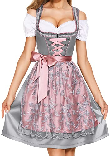 Vestido Dirndl de Oktoberfest para Mujer Trachten Ladies Midi Vestido Tradicional para Oktoberfest Conjunto de Trajes 3 Pieces: Vestido Blusa Delantal 34