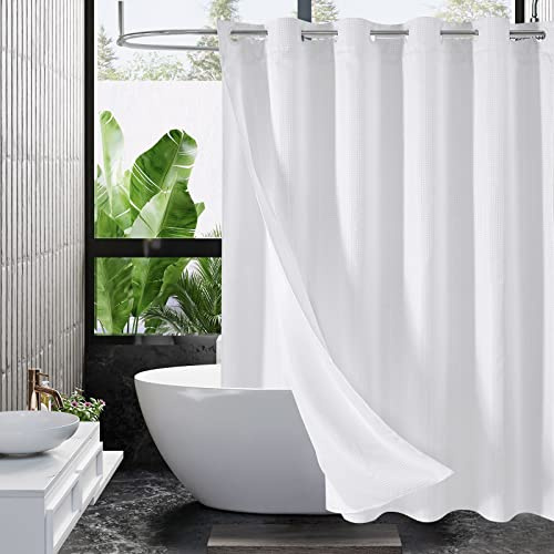 MitoVilla Inga krokar behöver vitt våffelduschdraperi-set med snäpp-in-foder, moderna våffelväv tyg duschdraperier för lyxig hotellkvalitet spa-liknande badrumsdekor, 182 x 183 cm