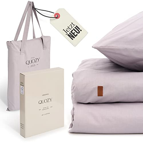 Quozy Bettwäsche 200 x 200 3teilig | Bettbezug 200 x 200 + 2X Kissenbezug 80 x 80 | 100% Baumwolle | einfaches Beziehen Dank U-Zip | Grau