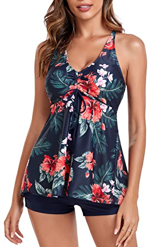 FLYILY Womens Print Strappy Tankini Sets Tummy Control Bathing Suits Cross Back Tankini Top(OrangeFlower,XL)