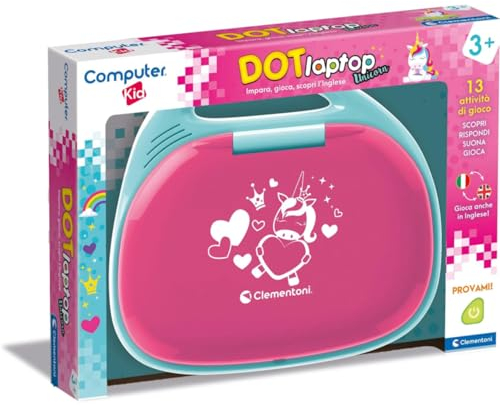 Clementoni - 16455 – Computer Kid DOT Unicorn – sprechendes elektronisches Lernspiel, Kindercomputer, Kinder-Laptop 3 Jahre, Technologie für Kinder, tragbar, Batterien im Lieferumfang enthalten