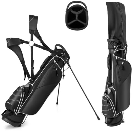 LIFEZEAL Sac de Golf sur Pieds Portable avec 4 Compartiments, Sac de Golf avec Support et Bandoulière Réglable, Sac Léger pour Clubs de Golf pour Hommes et Femmes, Noir