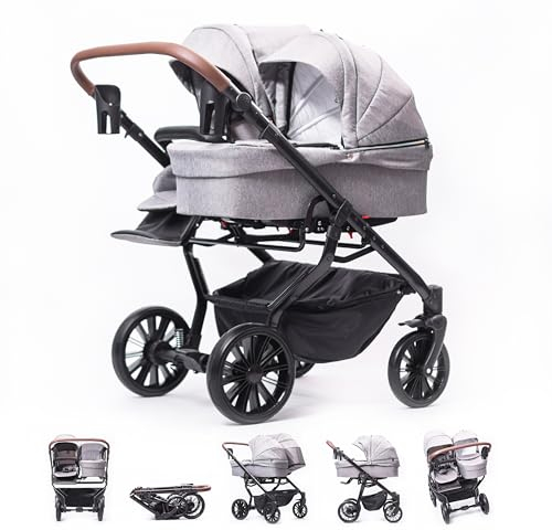 ZEKIWA Geschwisterwagen 3 in 1 [+ SPORTWAGENAUFSATZ] Zwillingswagen 3 in 1, Gestell schwarz + Wickeltasche + Regenschutz Kinder Duo - Zekiwa DreamDuo Grey