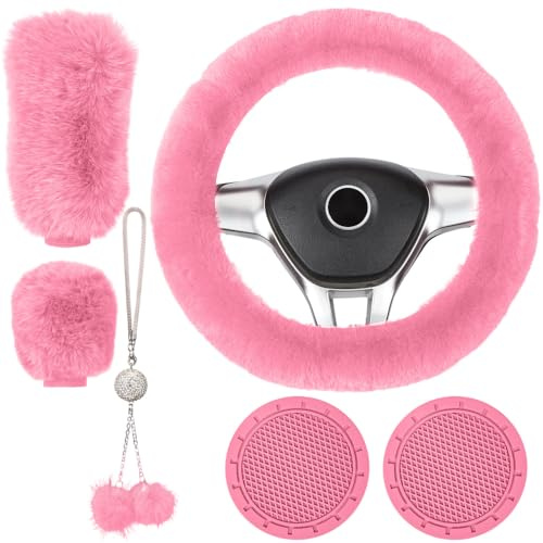 Crevyteg Lot de 6 Housses de Volant en Velours Chaud et élastique avec Housse de Volant de Voiture avec Housse de Levier de Vitesse et Porte-clés en Peluche et Coussinets de Tasse