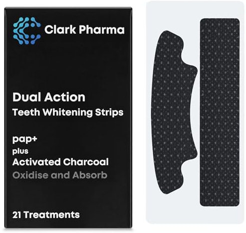 Strisce sbiancanti denti a doppia azione 21 trattamenti | Formula non perossido (Pap+) Plus carbone attivo | 21 strisce per denti superiori + 21 strisce per denti inferiori | denti sensibili non