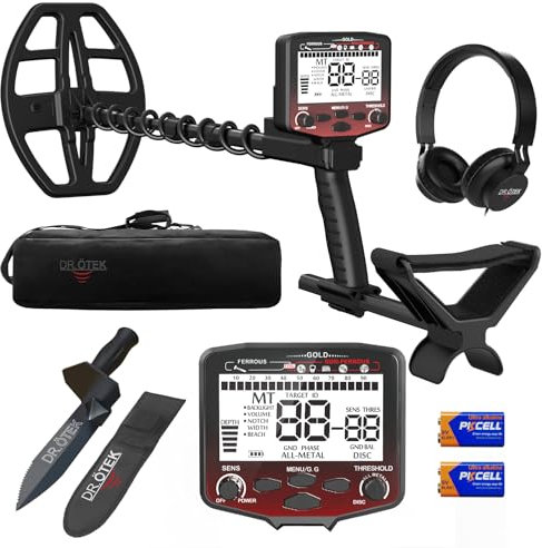 DR.ÖTEK Metalldetektor Profi Set, Hochpräziser und Innovativer Metalldetektor mit Bodenausgleich, 5 Modi, 12 wasserdichte Double-D Spule, Gold Detektor für Strandjagd, mit Zubehör, Rot