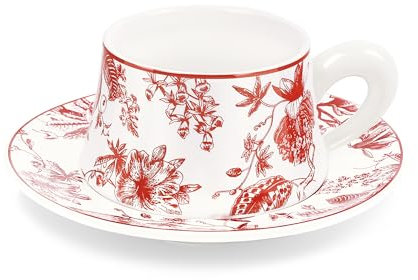 fanquare Juegos de Tazas de Café y Platillo, Tazas de Té Flor Negra Retro 260 ml, Tazas de Café Cappuccino de Porcelana para Café con Leche, Moca o Té, Regalos para Baristas (Rojo)