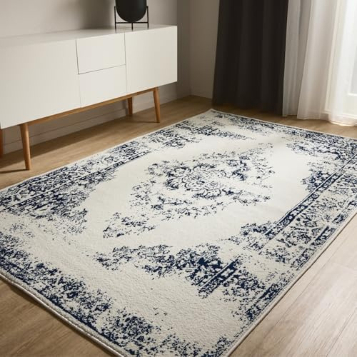 benuta Basic Teppich Sia - Creme/Blau 200x300 cm - Kunstfaser - Rechteckig & im Style: Vintage, Boho-Style, Retro - Pflegeleicht für Wohnzimmer Schlafzimmer