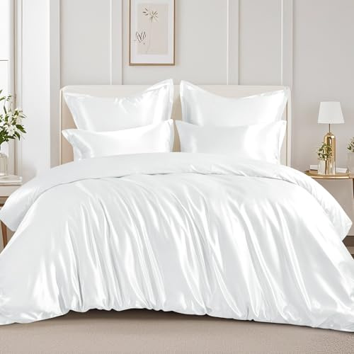 RUIKASI Satin sängkläder 220 x 240 vit – silkeslent lyxigt påslakan med glans som sidensängkläder set för hår och hud, glänsande sängkläder 220 x 240 cm med dragkedja och örngott 80 x 80 cm