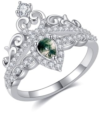 Bague couronne, en argent sterling 925, en forme de poire en agate mousse, bague de mariage, fiançailles, cadeau pour femme, fille, mère, épouse, Métal précieux, Aucune pierre précieuse