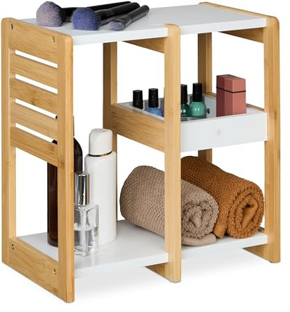 Relaxdays Badregal, 3 Ablagen, HxBxT: 35x34x20 cm, Tischregal für Badezimmer & Küche, Bambus, MDF, natur/weiß