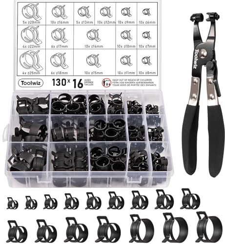 Toolwiz 130Pcs 6-25mm Spring Band Hose Clamp Assortment with Swivel Clamp Pliers, Constant Tension Radiator Hose Clamps, Black Hose Clips for Fuel Line, Silicone Vacuum Hose, Air Tube, Water Pipe