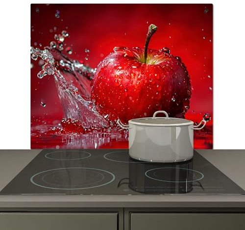 KitchenYeah© Spritzschutz Herd Küchenrückwand Vinyl 60x52 cm Küchen Zubehör Küchenwand, Herdabdeckung Induktionsmatte Apfel - Spritzer - Wasser - Rot