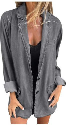 Dam jeansjacka oversize lång jeansblazer elegant jeanskappa stora storlekar jeansskjorta lös denimjacka revers streetwear jacka med knappar fritidsjacka ledig bikerjacka jeansblazer, GRÅ, XL