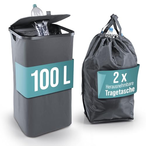 EASYmaxx Contenitore per bottiglie di pegno, 100 l, con 2 borse per il trasporto rimovibili, contenitore per bottiglie per vetri fuori e vuoto, raccoglitore per bottiglie per cucina e ripostiglio