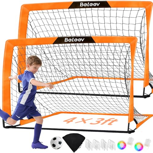 BELEEV Set 2 Portería Fútbol Niños Plegable, 120×90×90cm Porterias de Futbol para Jardin con Luces Led, Barras de Fibra de Vidrio, Bolsa de Transporte, Portería Fútbol Portátil para Interior Exterior