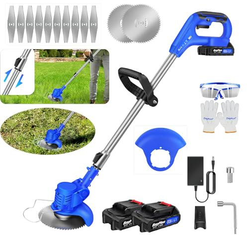 Cortacésped recargable, cortadora de malas hierbas eléctrica con cuchillas afiladas, desbrozadora inalámbrica de doble batería, cabezal ajustable para jardines y césped