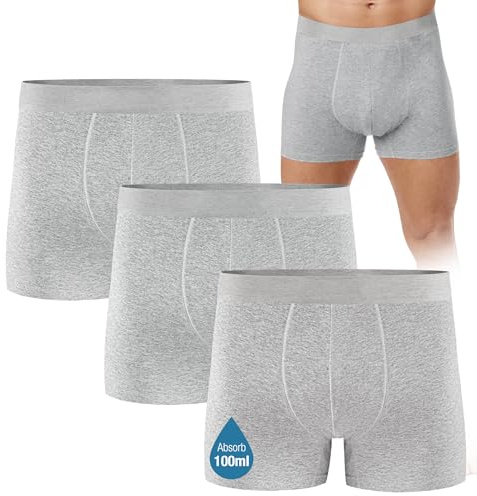 FORVEVO Calzoncillos Incontinencia Hombre,Algodon Boxer Calzoncillos Hombre Lavables con Almohadillas Protectoras Absorbentes de 100ml,a Prueba Fugas,Control Olores Reutilizables(Gris,XL)