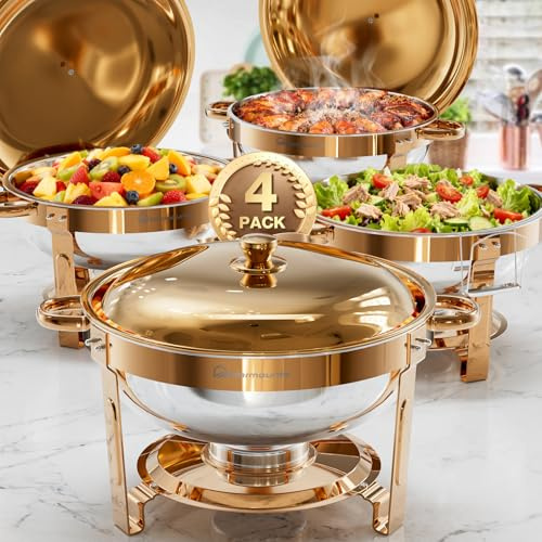 WARMOUNTS Rose Gold Chafing Dish Buffet Set 4 Pack 5L Round Food Warmer | Food Grade Stainless Steel Chafer with Lid Holder for Catering, Weddings, Parties & Events