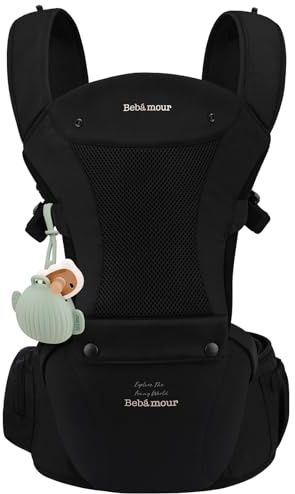 Bebamour Babytrage für Neugeborene bis Kleinkinder, Hüftsitz 0-36 Monate mit Kopfhaube, 3 Stück Beißpolster, Hüftverlängerung, Aufbewahrungstasche und Schnulleretui,schwarz