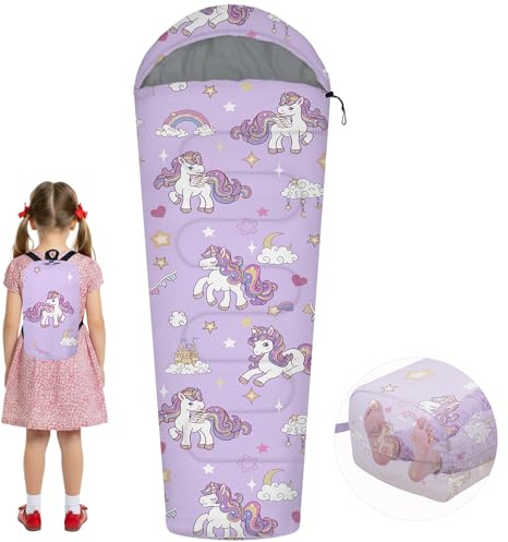 YOVOMEE Kids Sleeping Bag for Girls, 3 Season Sleeping Bag with Backpacking Bag, Warm & Cool Weather, Portable for Travel, Sleepovers, Indoor & Outdoor Camping, Machine Washable