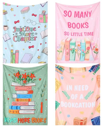 VitalCozy 4 Pack Book Throw Blankets for Teens Adult Flannel Reading Blankets Soft Fleece Blanket Birthday Gifts for Book Lovers Bookish Librarians, 40''x50''