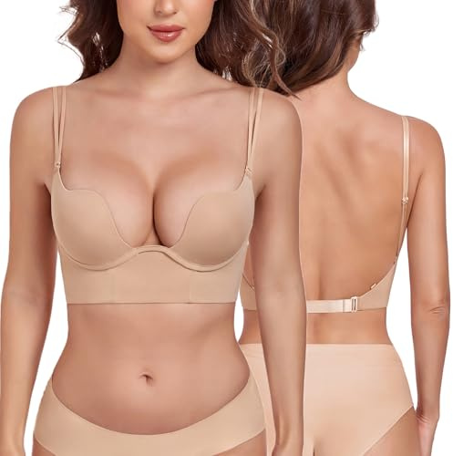 Lemorosy Soutien-Gorge Dos Nu pour Femme avec Décolleté Plongeant Push-up à Armatures Rembourée (Beige,105C)