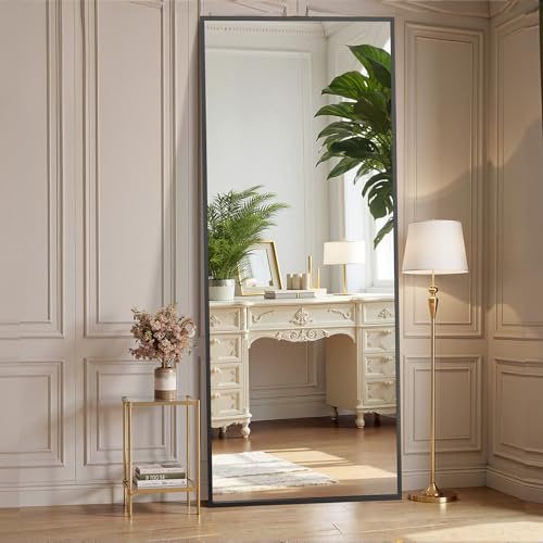 OLIXIS Full Length Mirror for Bedroom, 56x21 Full Body Mirror with Stand, Hanging or Leaning for Wall, Aluminum Alloy Thin Frame Floor Standing for Living Room, Long, Black