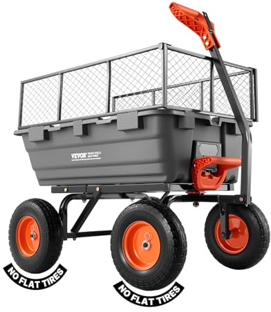VEVOR Carro de Jardín con Función Basculante Carga de 544 kg, con Valla de Almacenamiento, Carro de Jardín de Polietileno Mecanismo de Volcado de 90°, con Ruedas Giratorias de 180°, para Plantas