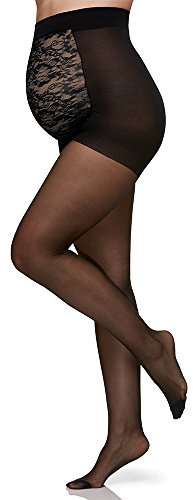 Berkshire Women's Maternity Light Support Pantyhose 5700 - Maternity Tights Over The Belly - Motherhood Hosiery, Lace Belly Panels, Reinforced Toe, 30 Denier - Pregnant Women Stocking - Black, C