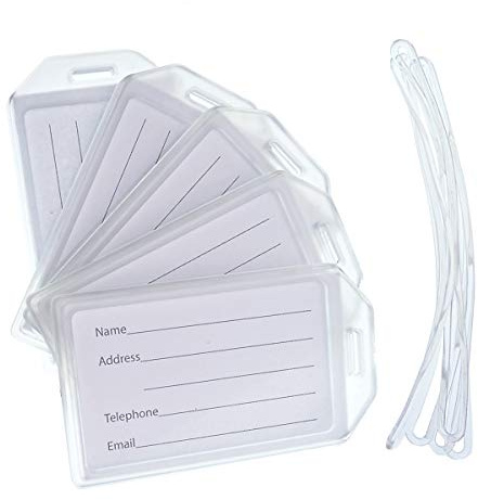 5 Pack - Premium Rigid Airline Luggage Tag Holders with 6 Worm Loops - Heavy Duty Hard Plastic -Suitcase ID Tag Identifiers with Business Card Insert Window by Specialist ID (Translucent/Clear)