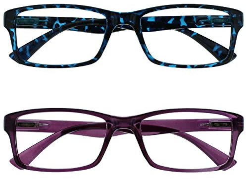 OPULIZE PEP Reading Glasses for Women Men, Large Rectangular Designer Frame with Spring Hinges, Scratch Resistant, Blue, Purple +1.5 (Pack of 2)