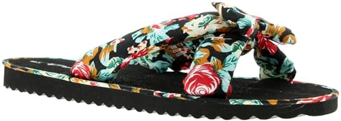 Kiley Women's Slide Sandals Flip flops - Padded Cross Over Mule with Textile Bow - Lightweight Flat Summer Sliders for Beach, Pool & Indoor Wear - Black Floral & Leopard Animal Print Black Floral 5 UK
